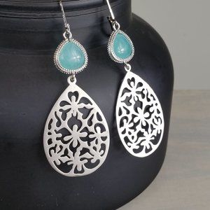 Aqua Blue Bezel Set Filigree Earrings